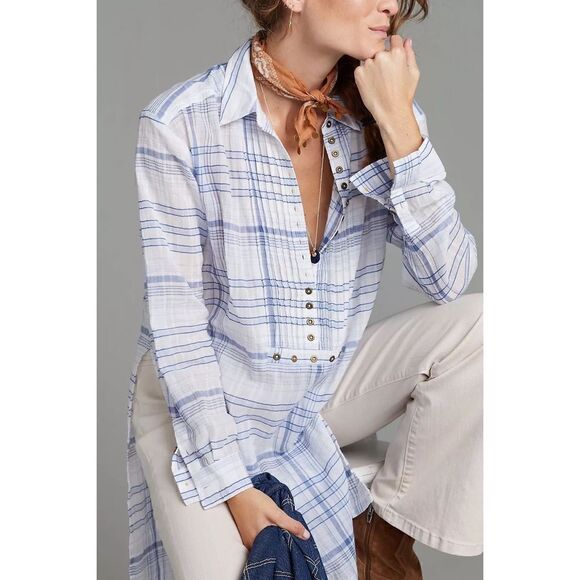 Anthropologie Pilcro & the Letterpress Blue & White Pld Tunic Top Boho, Coastal - Picture 3 of 16